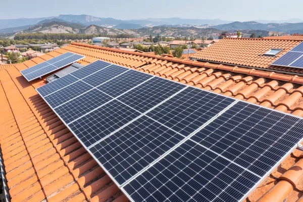 Solar Panels Roof Drone View Navarre Spain Europe Environment Technology Imagem De Stock