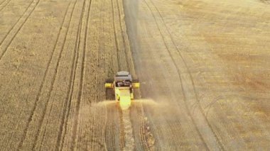 Harvester in harvest time in a wheat field. Navarre, Spain, Europe. Aerial view. 4K.