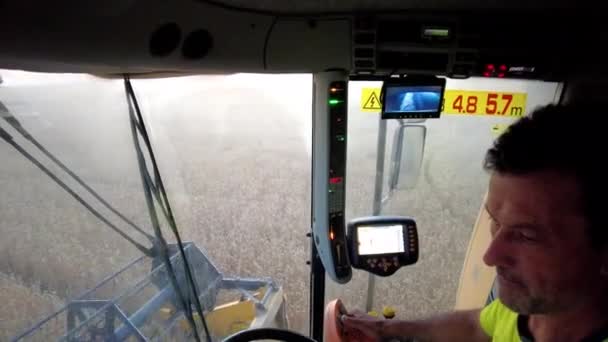 Man Working Combine Harvester Wheat Field View Cab Navarre Spain — Wideo stockowe