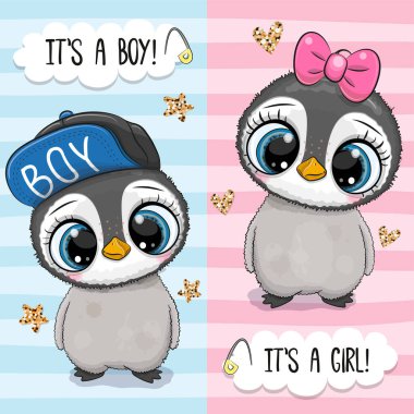 Penguenlerin erkek ve kız çocuklarının doğum günü kartı.