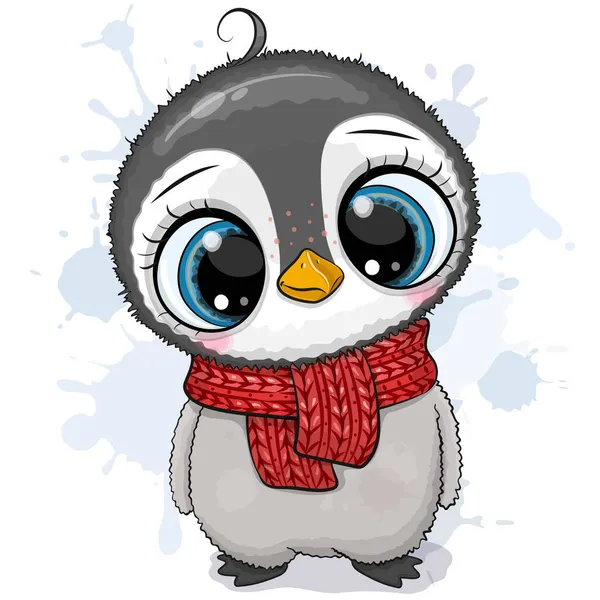 Lindo Pingüino Dibujos Animados Con Ojos Grandes Una Bufanda Roja — Vector de stock