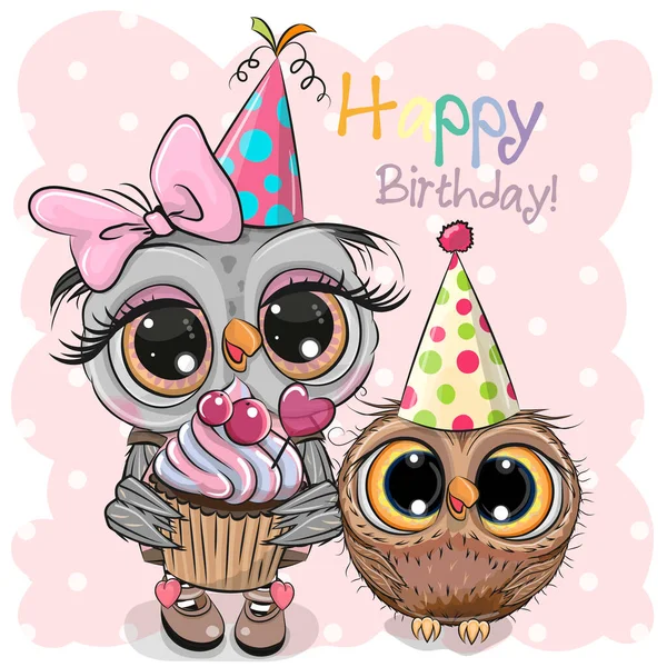 Birthday Card Two Cute Owls Bonnets — Stock Vector