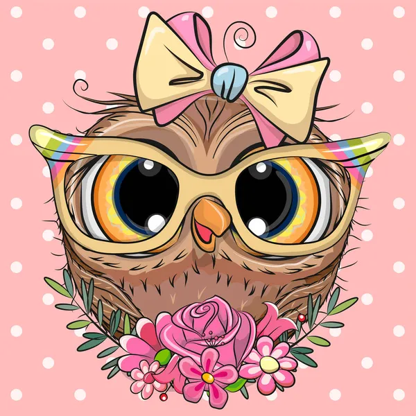 Leuke Cartoon Uil Met Bril Bloemen Een Stippen Achtergrond — Stockvector