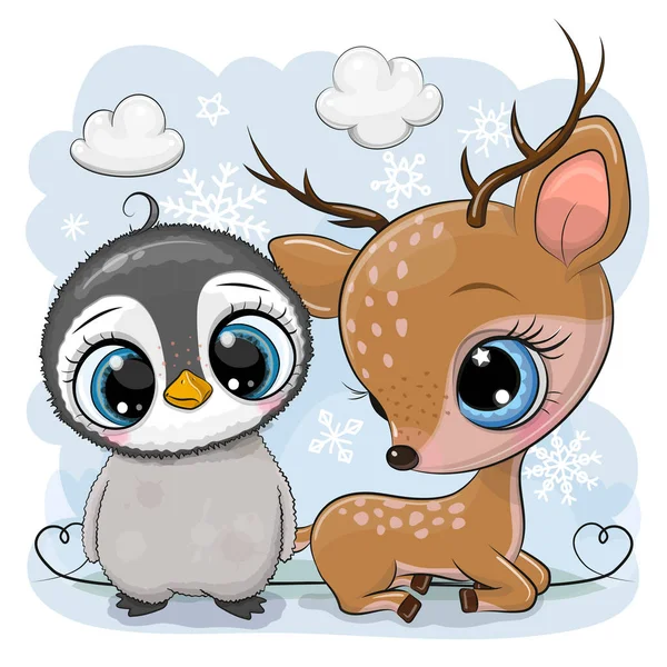 Winter Illustration Cute Deer Penguin Blue Background — Vetor de Stock