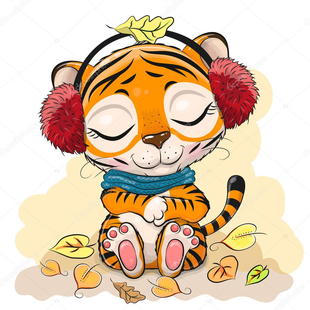 Cute Cartoon Tiger with fur headphones and scarf