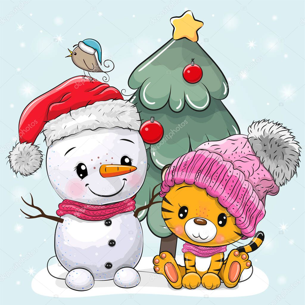 Cute Cartoon tiger and snowman near the Christmas tree