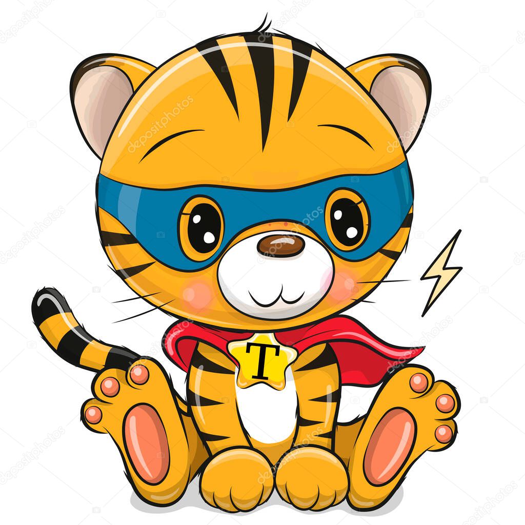 Cute Cartoon Tiger superhero in mask and cape isolated on a white background