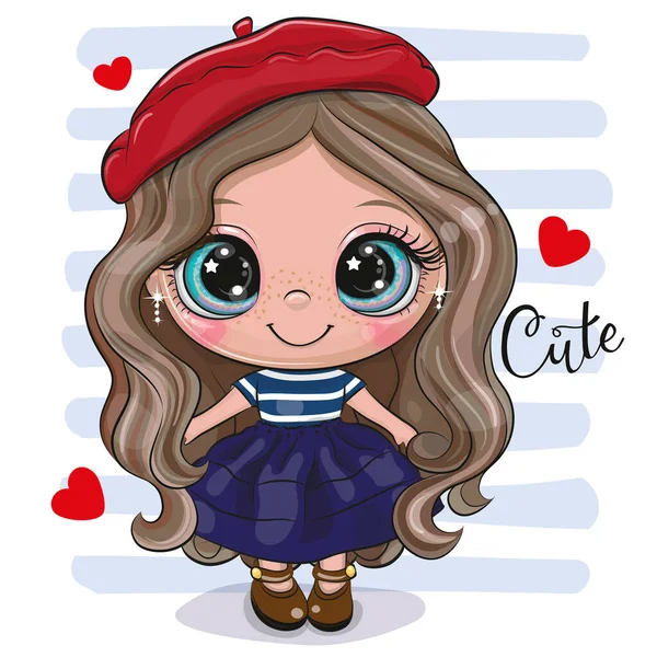 Cute Cartoon Girl Red Beret — Stock Vector