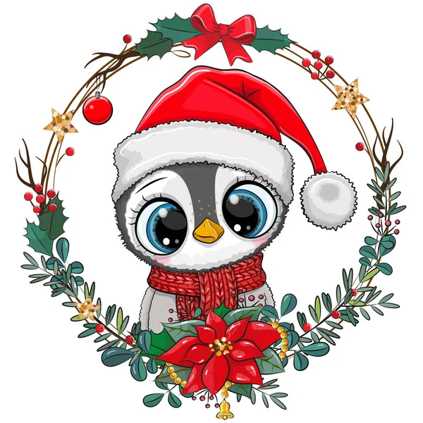 Lindo Pingüino Dibujos Animados Sombrero Santa Sobre Fondo Blanco — Vector de stock