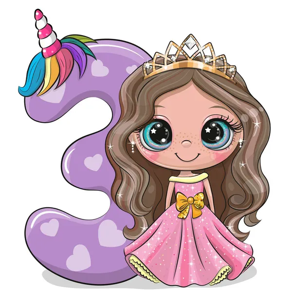 Bonito Cartoon Princess Número Três Isolado Fundo Branco — Vetor de Stock