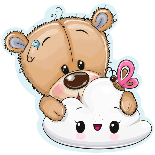 Leuke Cartoon Teddybeer Met Wolk Een Witte Achtergrond — Stockvector