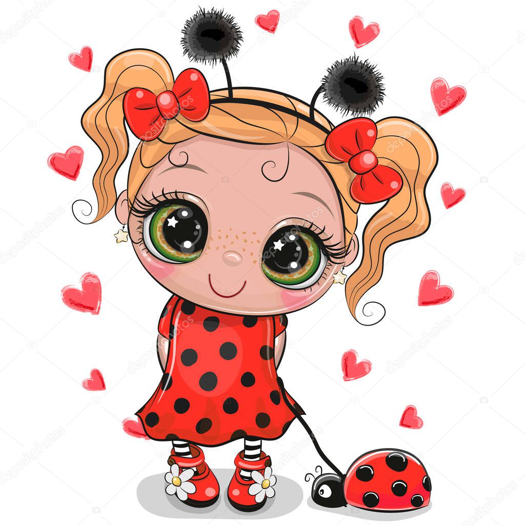 Cartoon Cute Girl in a ladybug costume and ladybug