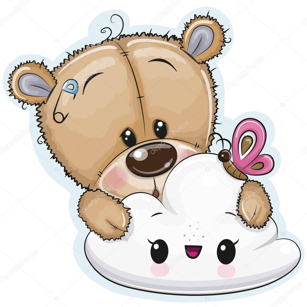 Bonito Oso Peluche Dibujos Animados Con Nube Sobre Fondo Blanco