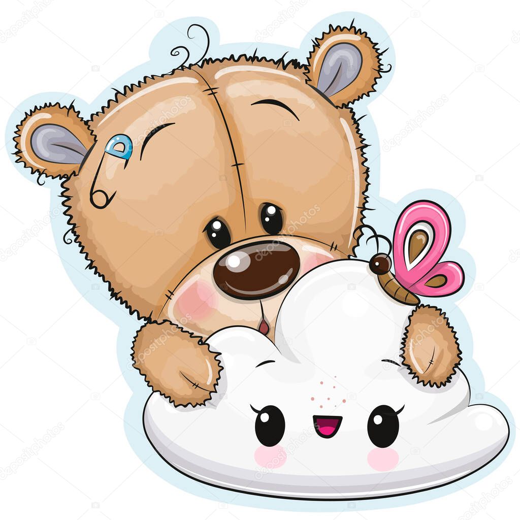 Cute Cartoon Teddy Bear with cloud on a white background