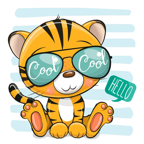 Cool Cartoon Tiger Dengan Kacamata Matahari Pada Latar Belakang Bergaris - Stok Vektor