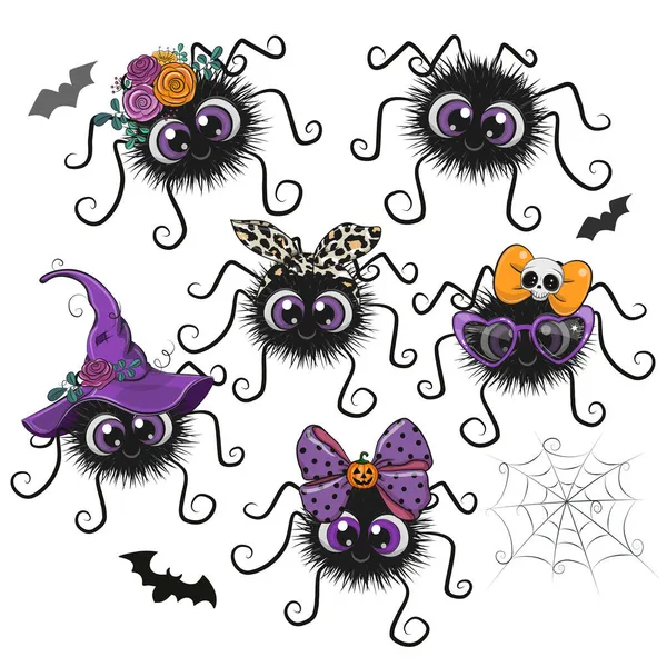 Cumprimentando Halloween Set Com Bonito Aranha Dos Desenhos Animados — Vetor de Stock