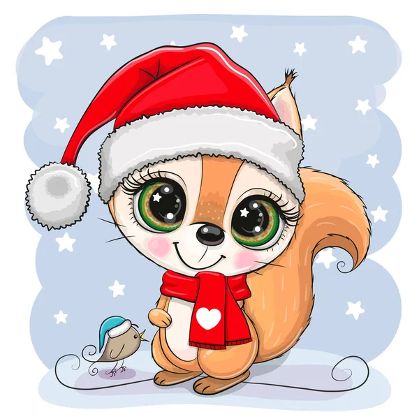 蓝色背景的圣诞帽中可爱的卡通松鼠 图库矢量图片