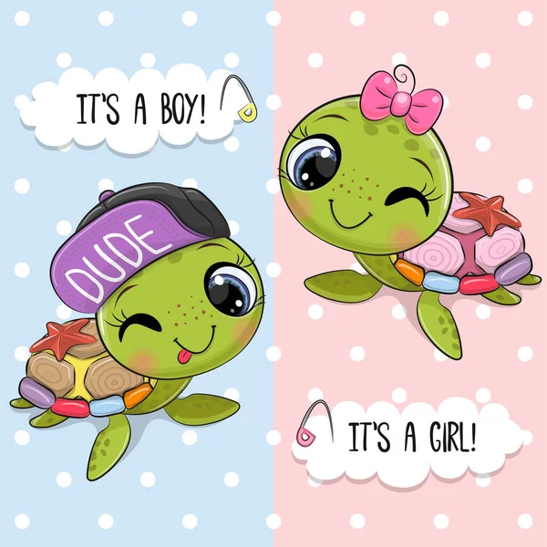 Karta Powitalna Baby Shower Cute Cartoon Turtles — Wektor stockowy