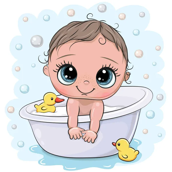 可爱的卡通婴儿在浴室里的男孩 矢量图形