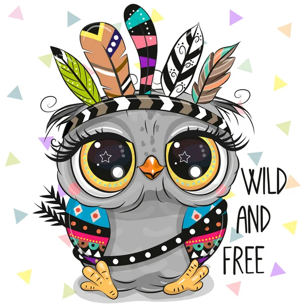 Söta Tecknade Tribal Owlen Med Fjädrar Vit Bakgrund — Stock vektor