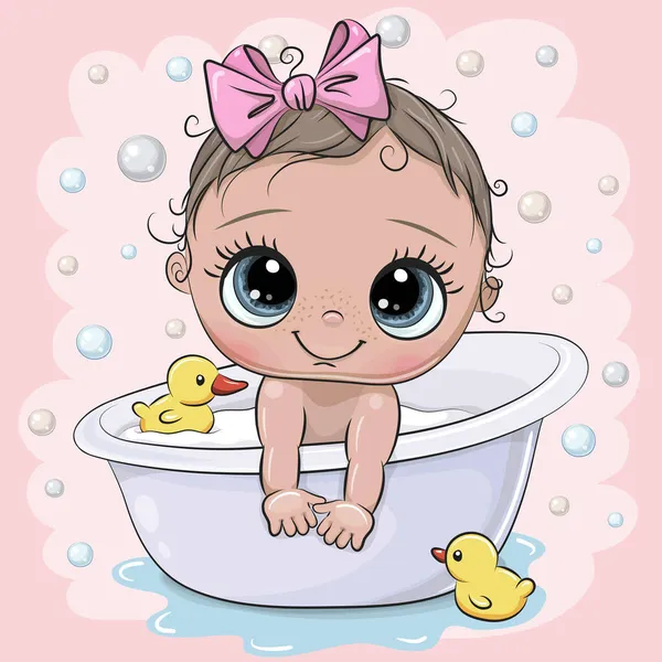 Κινουμένων Σχεδίων Χαριτωμένο Μωρό Κορίτσι Στο Μπάνιο — Διανυσματικό Αρχείο