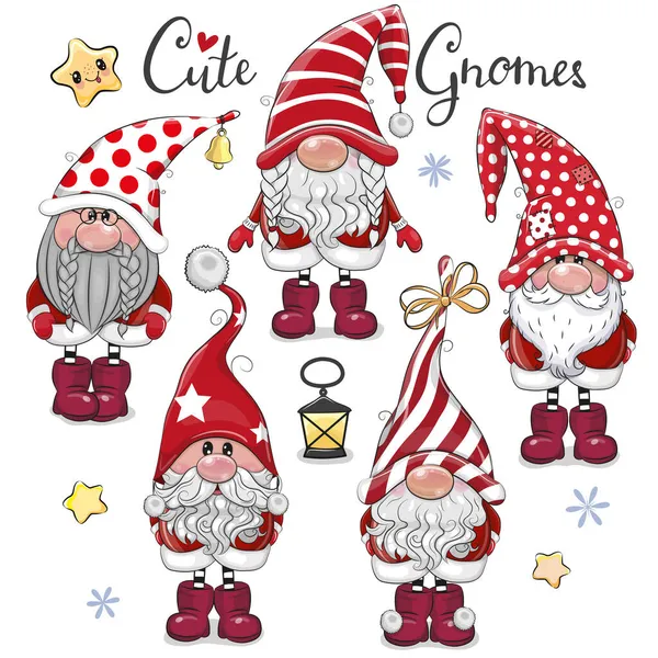 Set Cute Cartoon Gnomes Isolated White Background — Stock Vector