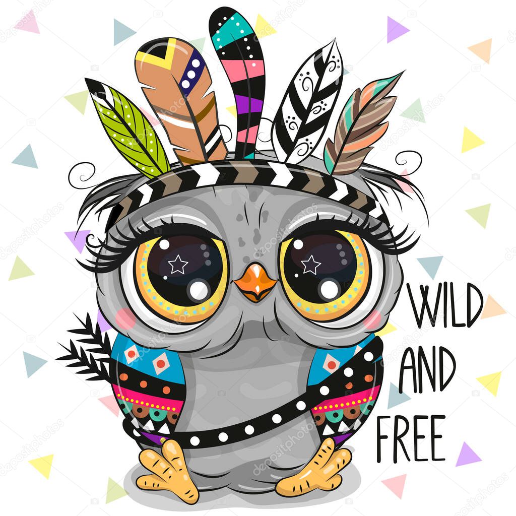 Cute Cartoon tribal Owl with feathers on a white background