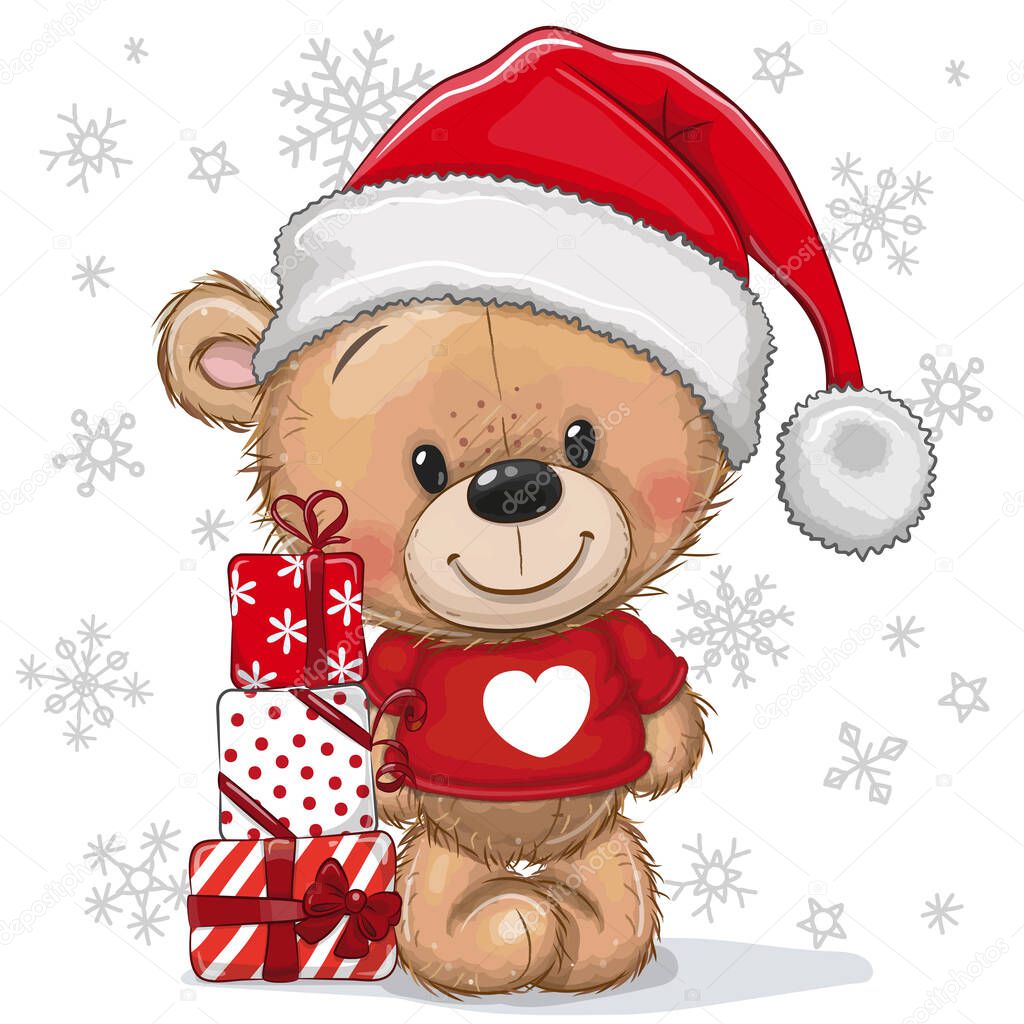 Greeting Christmas card Cute Teddy Bear in a Santa hat with gifts