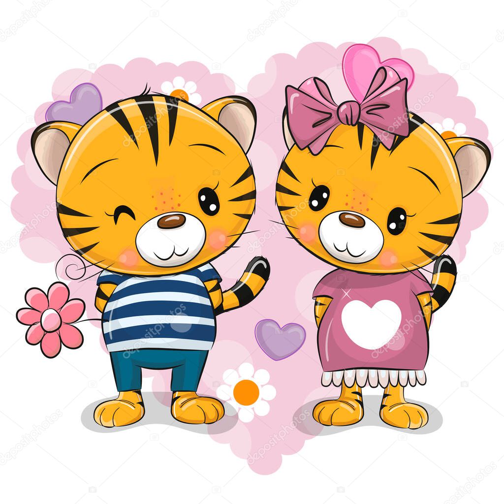 Cute Cartoon Tigers boy and girll on a heart background