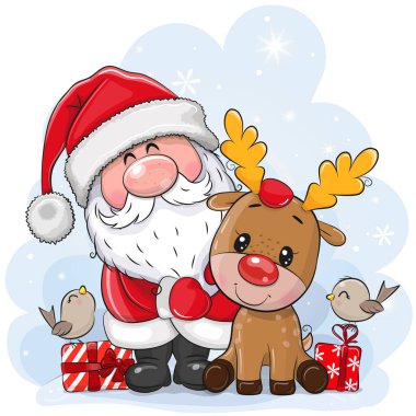 Mavi arka planda geyiği olan şirin Noel Baba çizgi filmi.