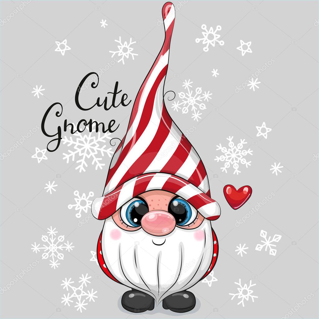 Greeting Christmas card Cute Cartoon Gnome on a gray background