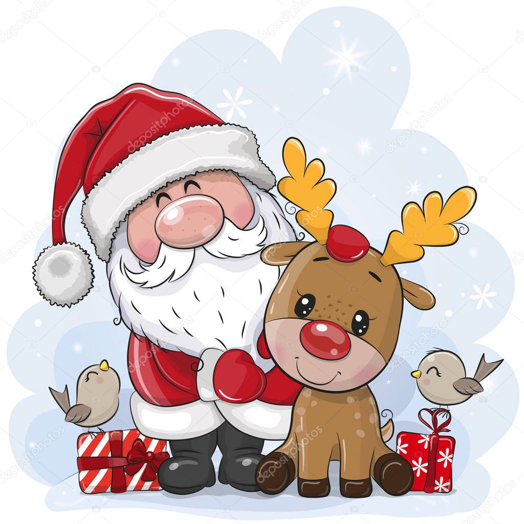 Cute Cartoon Santa Claus with deer on a blue background