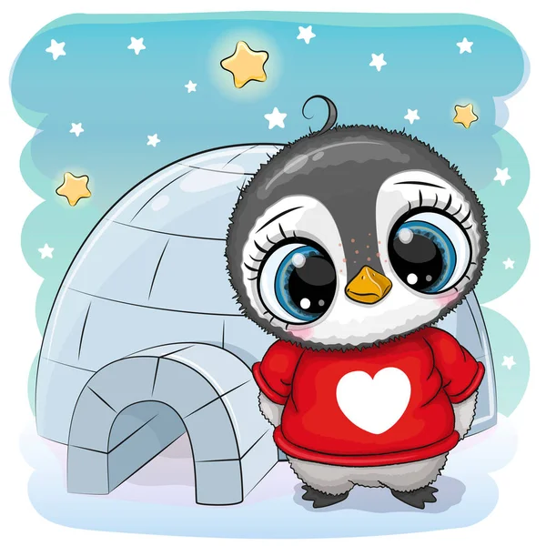 Cute Cartoon Penguin Stands Igloo — Stock Vector