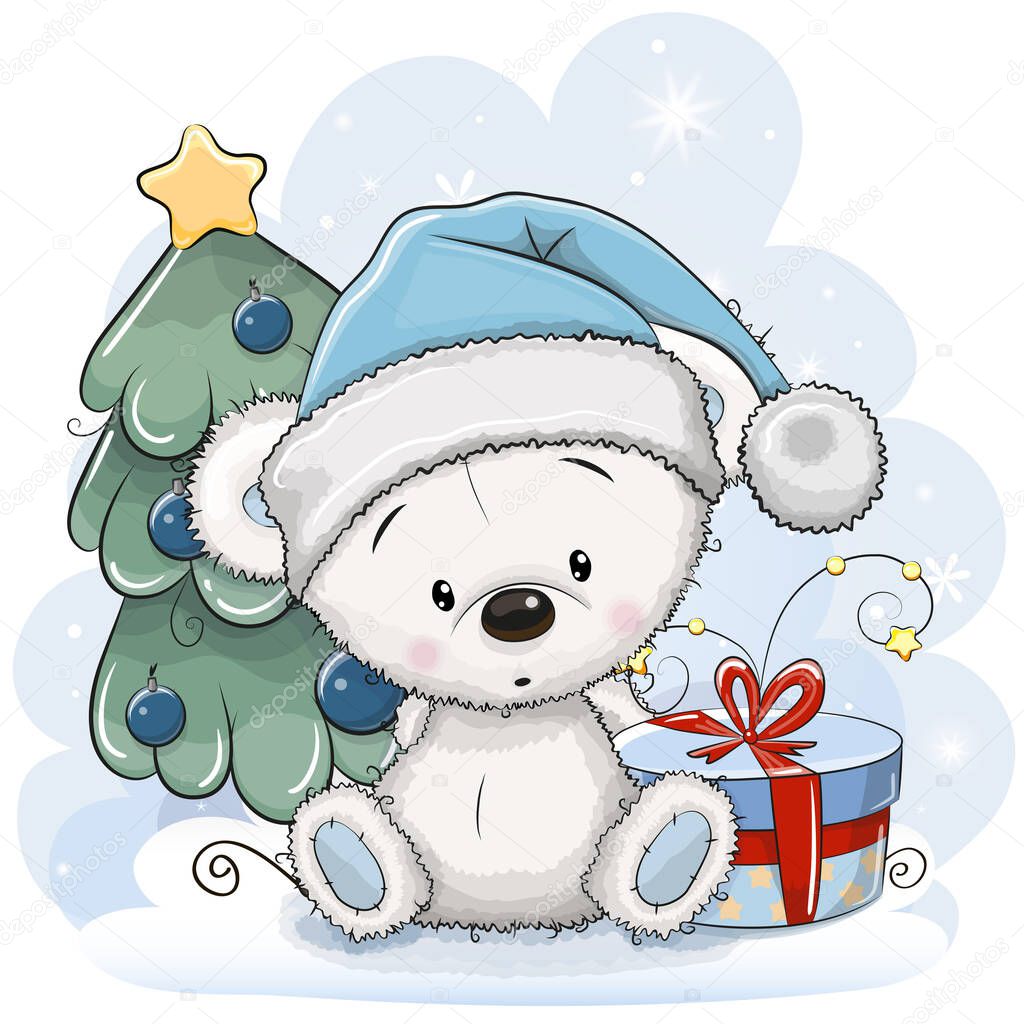 Greeting card Cute Cartoon Teddy Bear in a hat with gift