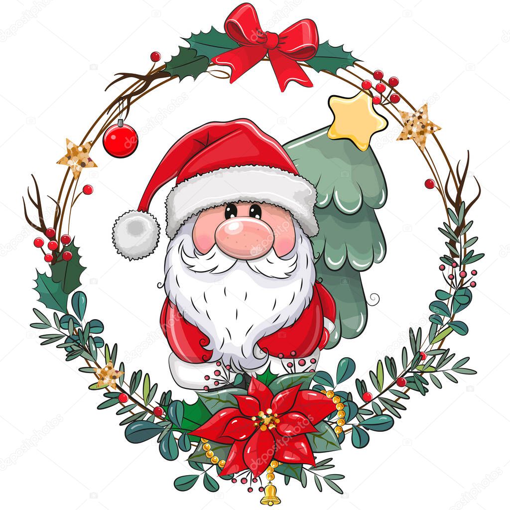 Cute Cartoon Santa with Christmas tree on a white background