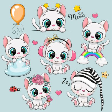 Set of Cute Cartoon White Kittens isolated on a white background clipart