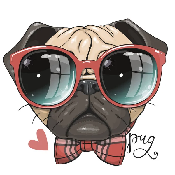 Tecknad Pug Dog Med Röda Glasögon Och Båge Isolerad Vit — Stock vektor