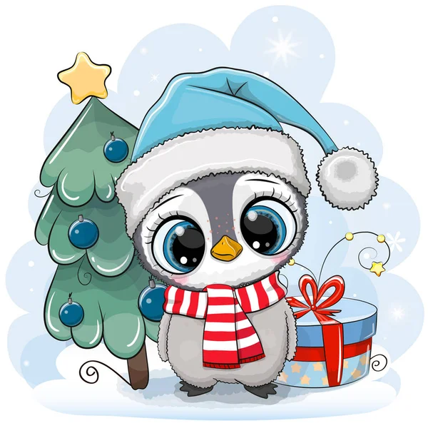 Greeting Card Cute Cartoon Penguin Hat Gift — Stock Vector