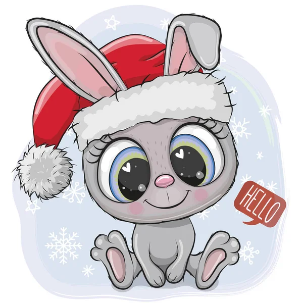 Carino Cartoon Rabbit Cappello Babbo Natale Uno Sfondo Blu — Vettoriale Stock