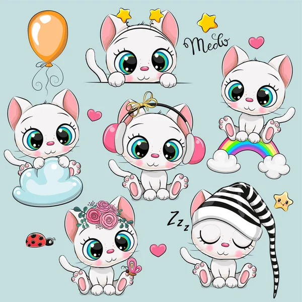 Conjunto Lindos Gatitos Blancos Dibujos Animados Aislados Sobre Fondo Blanco — Vector de stock