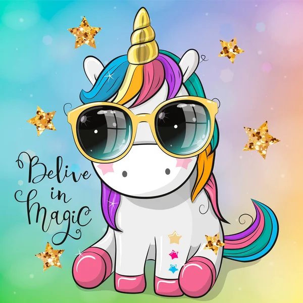 Söta Tecknade Cool Unicorn Med Solglasögon — Stock vektor