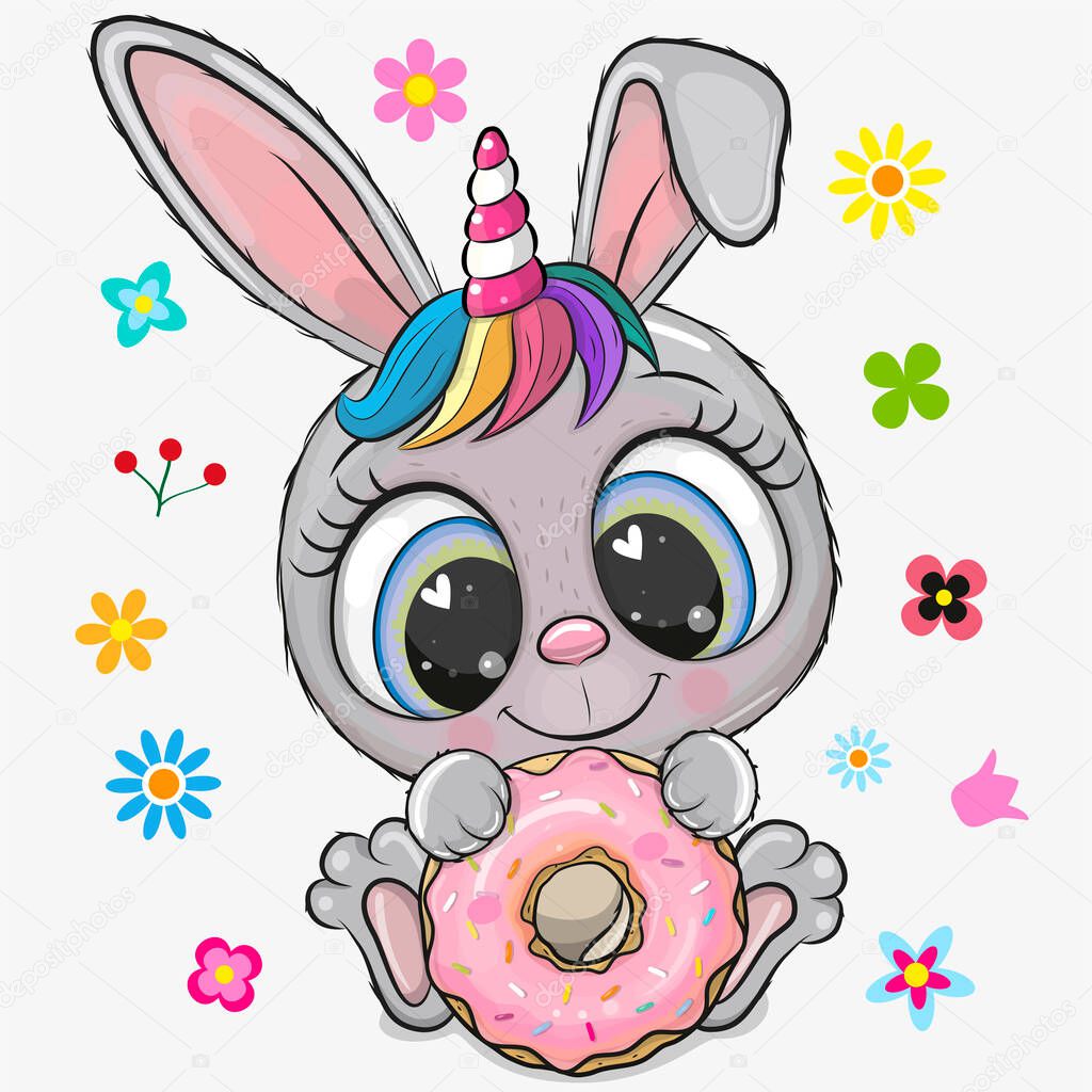 Cute Cartoon Gray Bunny with horn and donut