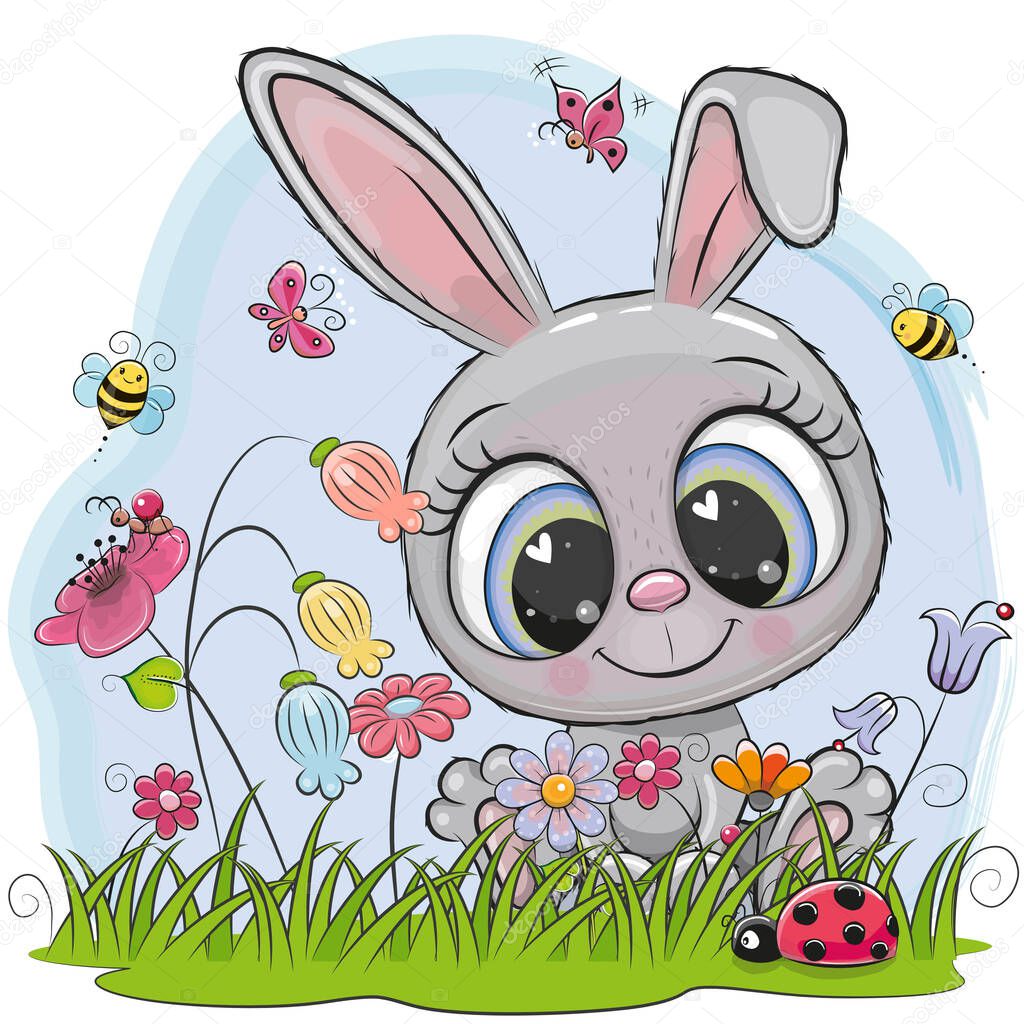 Cute Cartoon Rabbit on a meadow with flowers and butterflies