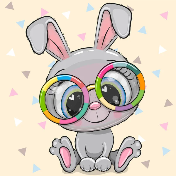 Cute Cartoon Rabbit Multicolored Glasses Yellow Background — Stock Vector