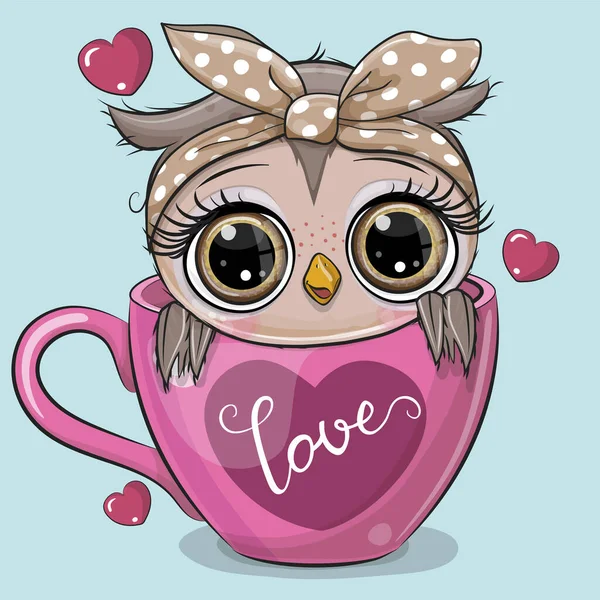 Carino Cartoon Owl Seduto Una Tazza Con Stampa Cuore Grafiche Vettoriali