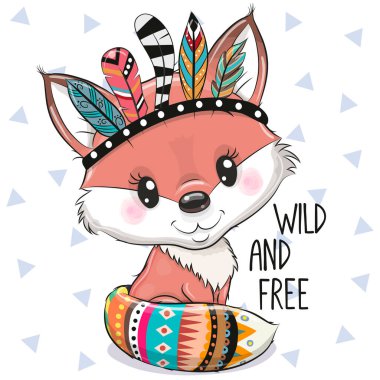 Cute Cartoon tribal Fox with feathers on a white background clipart