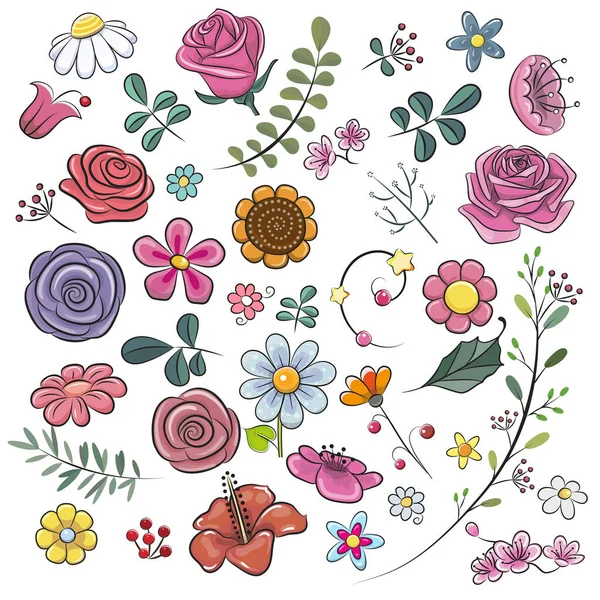 Set Van Leuke Cartoon Bloemen Een Witte Achtergrond — Stockvector