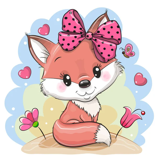 Bonito Cartoon Fox Com Flores Fundo Azul — Vetor de Stock