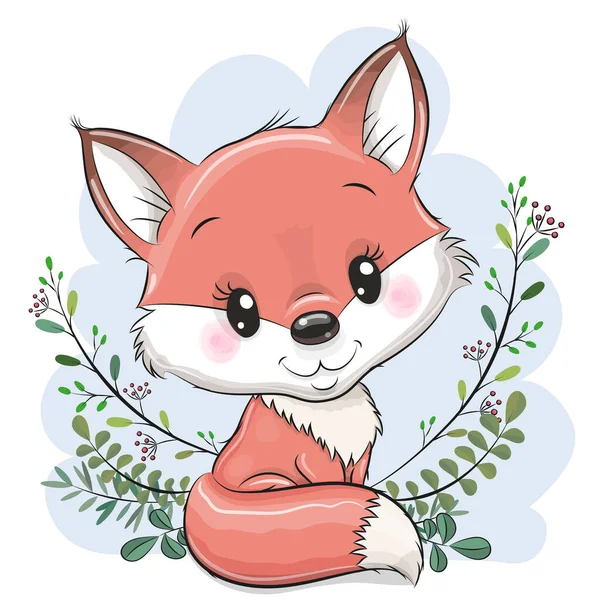 Cute Cartoon Fox Gałęzie Niebieskim Tle Ilustracja Stockowa