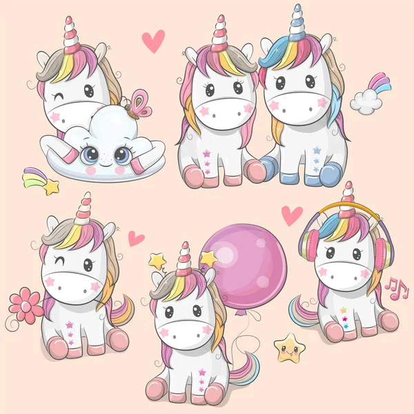 Set Simpatici Unicorni Dei Cartoni Animati Isolati Uno Sfondo Bianco Illustrazione Stock